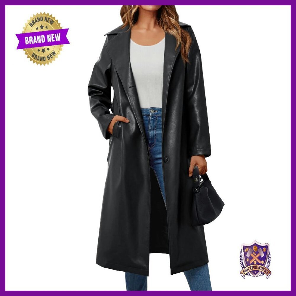 Faux Leather Trench Coat with Belt, Knee Length, Open Front